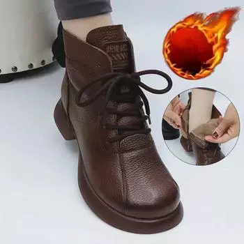 Женские кожаные ботильоны на низком каблуке, повседневные ботинки, широкие туфли, винтажные короткие ботинки, осенне-зимние, с круглым носком, на шнуровке, на плоской подошве, термосапоги 35 чёрный