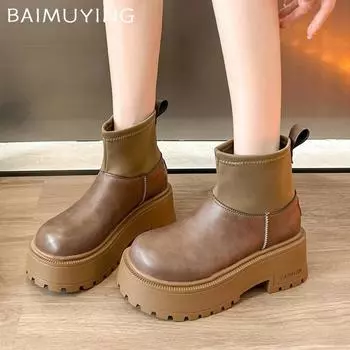 Женские кожаные ботильоны на платформе, модные туфли на среднем каблуке, зимняя обувь 2025 года, трендовые новые брендовые туфли на толстой подошве в готическом стиле Botas De Mujer 35 коричневый
