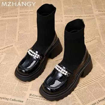 Женские кожаные ботильоны на среднем каблуке, туфли Мэри Джейн, женская тенденция 2025 года, элегантные зимние новые вязаные зимние ботильоны с бусинами, женские 35