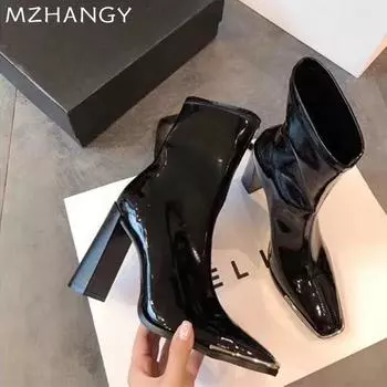 Женские кожаные ботильоны на высоком каблуке, сексуальные массивные элегантные туфли, женские трендовые зимние ботинки челси 2025 года, модные новые зимние женские ботинки 35 чёрный