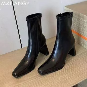 Женские кожаные ботильоны с квадратным носком и высоким каблуком, женская мода 2025 года, элегантные зимние модные зимние мотоциклетные ботинки Mujer Botas 35 чёрный
