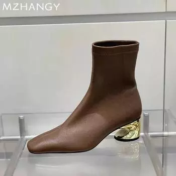Женские кожаные ботильоны с квадратным носком на среднем каблуке, женская обувь 2025 года, элегантное зимнее платье, теплые туфли-лодочки, ботинки челси, женские ботинки 35