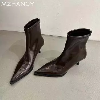 Женские кожаные ботильоны с острым носком, элегантные туфли на среднем каблуке, женская мода 2025 года, зимние туфли-лодочки, ботинки челси, женские ботинки 35 чёрный