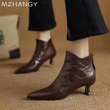 Женские кожаные ботильоны с острым носком, элегантные туфли на среднем каблуке, женская мода 2025 года, новые зимние ботинки челси Mujer Botas 35 чёрный