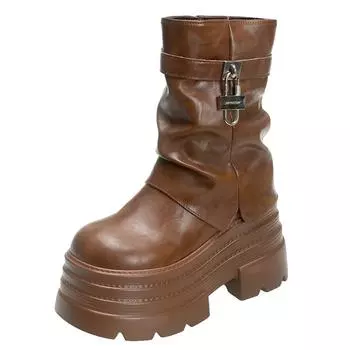 Женские кожаные ботинки на каблуке 10 см, осенне-зимние, армейские ботинки на толстой платформе, новые нескользящие ботинки для мотоциклистов, женские панковские ботинки 34 чёрный