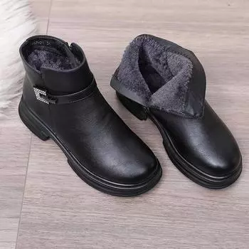 Женские кожаные ботинки на среднем каблуке с бархатной подкладкой — мягкие, нескользящие, с круглым носком для людей среднего и пожилого возраста A673 Size 35 чёрный