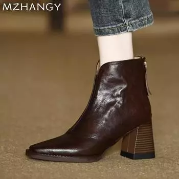 Женские кожаные ботинки на высоком каблуке с квадратным носком, дизайнерские модные классные ботинки для женщин, тренд 2025 года, новые зимние удобные ботинки Mujer 35 чёрный