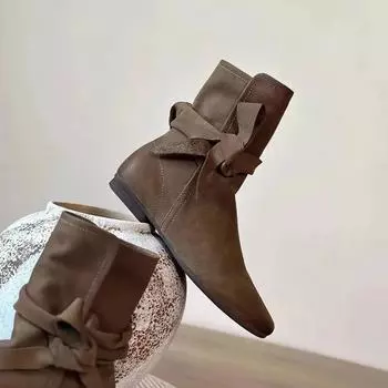 Женские кожаные ботинки ручной работы высокого качества на плоской подошве, короткие ботинки армейского зеленого цвета с ремешком и бантом, обувь осень-зима 35