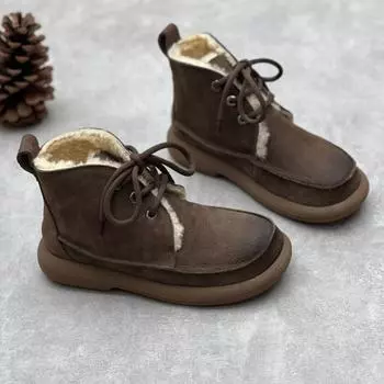 Женские кожаные ботинки в стиле ретро с круглым носком — натуральный мех и чистая шерсть, зимняя шнуровка, утолщенная коровья кожа. 41 серый