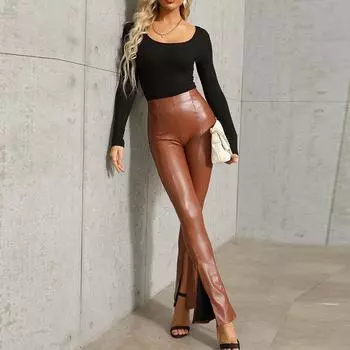 Женские кожаные брюки-клеш больших размеров, брюки-клеш, брюки-клеш из искусственной кожи с высокой талией и разрезами S