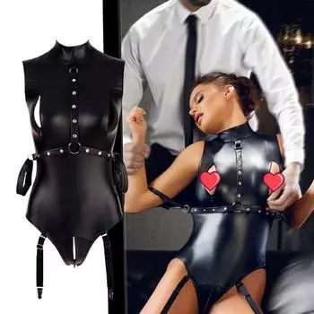 Женские кожаные комбинезоны, черное нижнее белье, колготки S