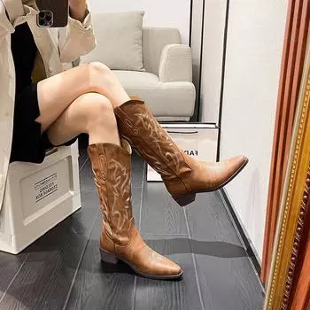 Женские кожаные ковбойские сапоги в стиле ретро с вышивкой - осень 2023 года, острый толстый каблук, универсальный стиль 40 коричневый