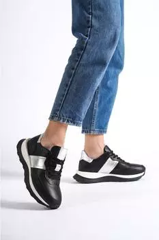 Женские кожаные кроссовки черного и серебристого цвета из натуральной кожи, спортивная обувь