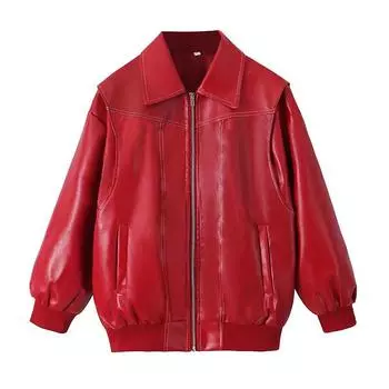 Женские кожаные куртки-бомберы на молнии, пальто, контрастная строчка, лацкан, длинный рукав, куртка, мотоциклетная верхняя одежда, топы S красный