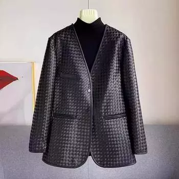 Женские кожаные куртки из овчины, повседневное вязаное пальто, верхняя одежда, весенне-осенняя куртка с v-образным вырезом S бежевый