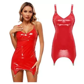 Женские кожаные мини-платья Сексуальное женское белье Клубная вечеринка Клубная одежда Глянцевое облегающее платье с металлическими зажимами для подвязок S