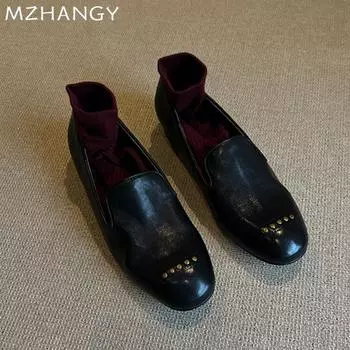 Женские кожаные мокасины на плоской подошве, повседневная модная обувь, женская модная обувь 2025 года, зимняя удобная модельная обувь в стиле ретро для прогулок, новинка Mujer Zapatos 35 чёрный