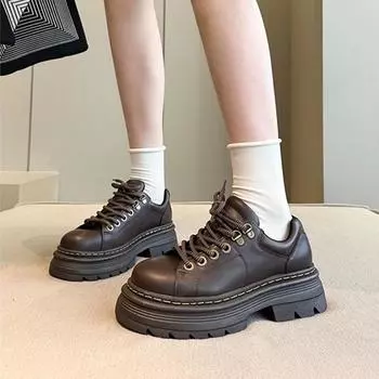 «Женские кожаные мокасины на толстой подошве в британском стиле на осень 2024 года – повседневная обувь JK в студенческом стиле со шнуровкой» 37 чёрный