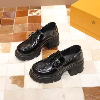 Женские кожаные мокасины на толстой подошве - весна/осень 2025, британский стиль, блестящие туфли на высоком каблуке 34 чёрный