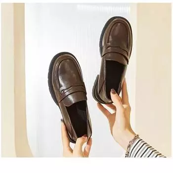 Женские кожаные мокасины на высоком каблуке 2024 года: Мягкая подошва Slip-On, толстый каблук и подошва, универсальная обувь для весны и осени 38 темно-коричневого