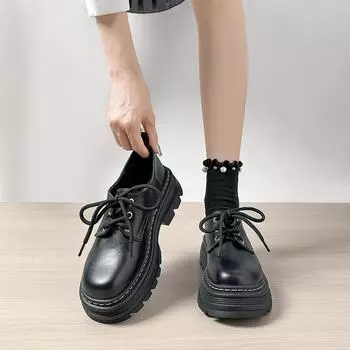 Женские кожаные мокасины Weiwei Girl с круглым носком в британском стиле на толстой подошве со шнуровкой и высоким каблуком 39 чёрный