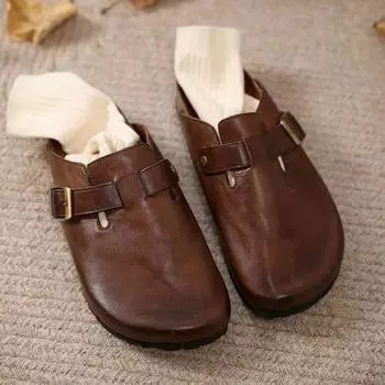 Женские кожаные мюли, туфли на плоской подошве, повседневные сандалии с открытой пяткой, женские модные новые туфли, удобные шлепанцы для ходьбы, брендовая женская обувь 35 чёрный