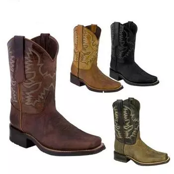Женские кожаные нескользящие туфли на низком каблуке с круглым носком без шнуровки Ковбойские сапоги в стиле вестерн 37 коричневый