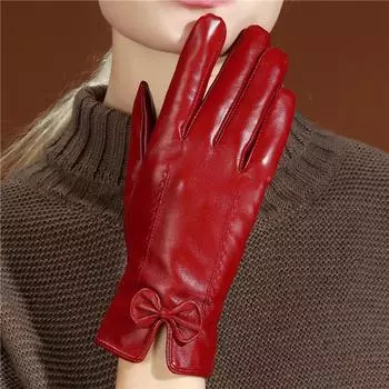 Женские кожаные осенние и зимние бархатные перчатки с подкладкой, теплые перчатки с кружевом и бантом для сенсорного экрана S