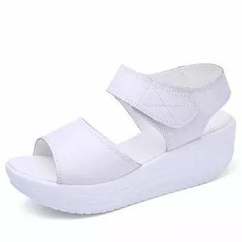 Женские кожаные повседневные летние женские туфли на танкетке и высоком каблуке с пряжкой и толстой подошвой, кожаные женские сандалии на платформе 38 белый