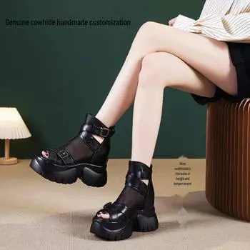 Женские кожаные римские сандалии с подъемом — натуральная коровья кожа, толстая подошва, открытый носок, весна/лето 2025 г. 39 чёрный