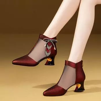 Женские кожаные сандалии Fhanchu, ботинки, летние туфли в сетку на квадратном каблуке, стразы, молния сзади, острый носок, синий, красный, Прямая поставка 38 синий