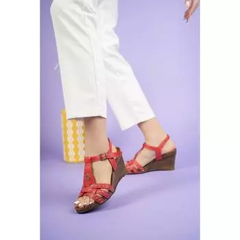 Женские кожаные сандалии на танкетке из натуральной кожи с узором Повседневные сандалии в качественном стиле