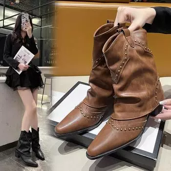 Женские кожаные сапоги, модные женские сапоги Westward, короткие сапоги на квадратном каблуке, женская зимняя обувь в стиле ретро D78 36