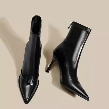 Женские кожаные сапоги на высоком каблуке 2024 года, новые зимние теплые ботильоны с острым носком, женская удобная сексуальная обувь для женщин 35 бежевый
