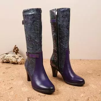 Женские кожаные сапоги ручной работы, длинные сапоги из коровьей кожи с принтом, женские туфли для взрослых, модные сапоги с пряжкой на ремне 36 фиолетовый