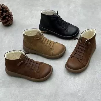 Женские кожаные сапоги ручной работы из хлопка, круглые носки, плоские сапоги из коровьей кожи 35 чёрный