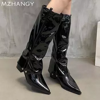 Женские кожаные сапоги с острым носком, высокие сапоги до колена на среднем каблуке, женская обувь 2025 года, модные дизайнерские зимние элегантные мотоциклетные сапоги Mujer 35