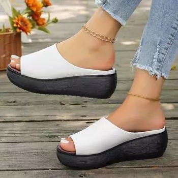 Женские кожаные тапочки, сандалии на подошве из искусственной кожи для женщин, сексуальные мюли на высоком каблуке, черные босоножки на платформе с открытым носком, босоножки на танкетке, обувь 36