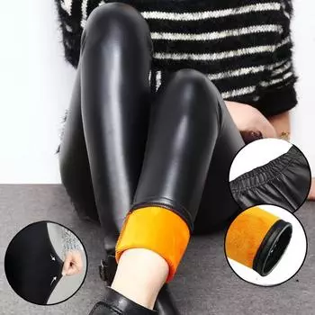 Женские кожаные теплые леггинсы, зимние бархатные тонкие эластичные шерстяные носки с высокой талией, термолеггинсы S чёрный