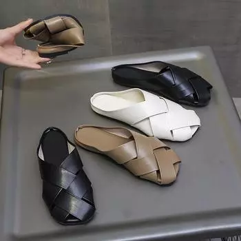 Женские кожаные тканые тапочки, красочная обувь в стиле феи, повседневная обувь бежевого цвета, простой дизайн, внешняя обувь для женщин, pantuflas 35