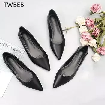 Женские кожаные туфли больших размеров 33-43, однотонные, базовый стиль, универсальные, черные, рабочие туфли из флоковой кожи с острым носком 33