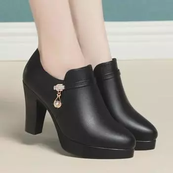 Женские кожаные туфли для поездок на работу на среднем каблуке — глубокий носок, толстый каблук, мягкая черная подошва 40