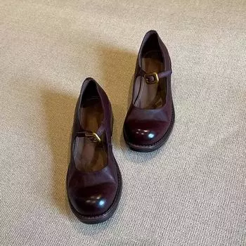 Женские кожаные туфли Мэри Джейн из коровьей кожи в стиле ретро на толстой подошве с ремешком-пряжкой, с открытым мыском, на толстом каблуке 35