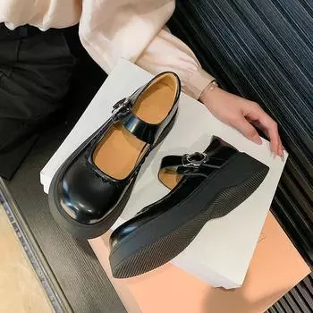 Женские кожаные туфли Мэри Джейн в консервативном стиле на толстой подошве JK, женская обувь из натуральной кожи с круглым носком 35 чёрный