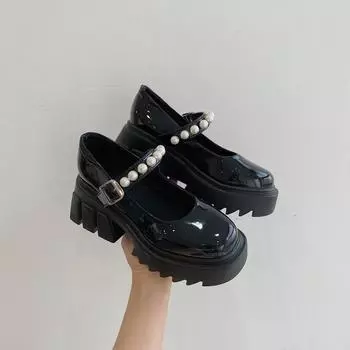 Женские кожаные туфли на каблуке, новинка 2021 года, обувь Лолиты с жемчужной пряжкой, женские вечерние свадебные туфли для девочек, женская обувь Мэри Джейн на платформе 35 бежевый