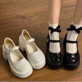 Женские кожаные туфли на массивном каблуке, на толстой подошве, увеличивающие рост туфли Мэри Джейн во французском стиле ретро 35 чёрный