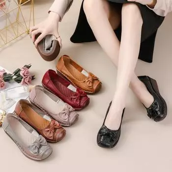 Женские кожаные туфли на танкетке с бантом в стиле ретро — мягкая подошва, нескользящая подошва из коровьей кожи, идеально подходят для весны и осени, а также для людей среднего и пожилого возраста. 38 вино красного