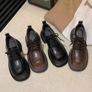 Женские кожаные туфли на толстой подошве, универсальные, на шнуровке, в британском стиле, увеличенной высоты, черные туфли 34
