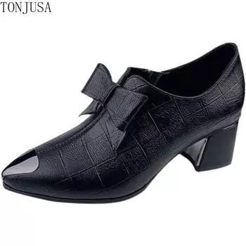 Женские кожаные туфли на толстом каблуке с глубоким галстуком-бабочкой, повседневные маленькие кожаные туфли с боковой молнией 35 чёрный