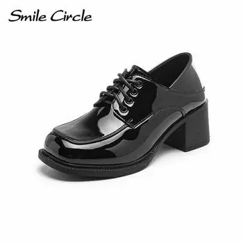 Женские кожаные туфли на высоком каблуке из натуральной кожи в британском стиле, кожаные туфли на шнуровке, женская повседневная обувь на толстом каблуке и толстой подошве 35 чёрный